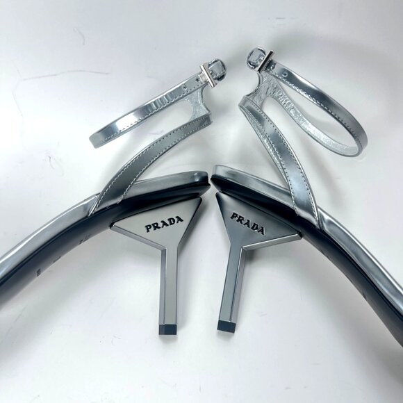Prada Argento Donna Womens Sandals Metallic Leather Strappy Heels Size 38 US8 - Picture 5 of 16